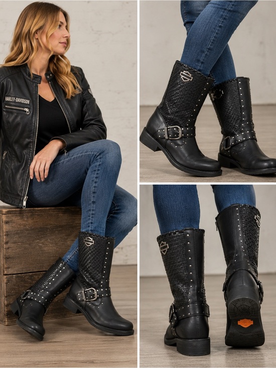Harley-Davidson Shoes - Harley-Davidson Abbie Black Leather Studded Moto Boots Women’s US 10M Biker
